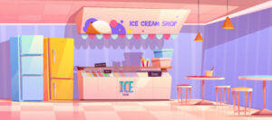 Ice cream shop interior with counter, fridge and tables. Vector cartoon illustration of cafe with ice cream in freezer, italian gelateria or parlor with sundae